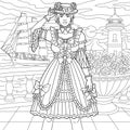 Girl near the sea adult coloring book page Royalty Free Stock Photo